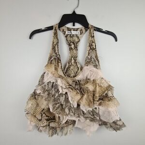 Zara Womens Snakeskin Print Ruffle Tiered Halter Tank Top Tan Medium Influencer